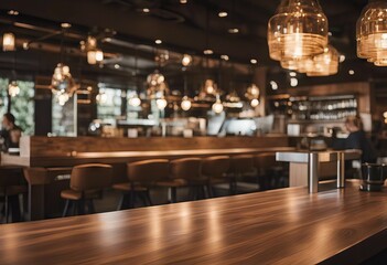 Table top counter with blurred people and restaurant interior background stock photoKitchen Counter Table Restaurant Cafe Wood