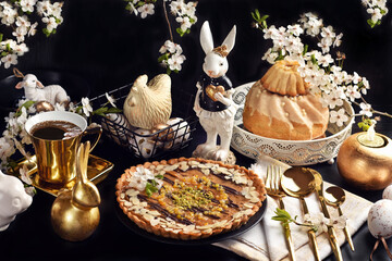 Easter caramel Mazurek tart and ring cake on black table with white and golden decors