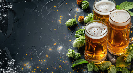 Festive beer time poster with an empty text area and full, frothy glasses and decorative frame on a textured backdrop.