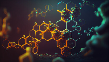 Hexagon DNA network, science chemical and biotechnology concept clean Background, Ai generated image - obrazy, fototapety, plakaty