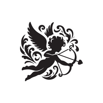 Ethereal Valentine Cupid Silhouette: Mesmerizing Stock Image, Perfect for Romantic Designs - Valentine Vector - Cupid Vector Stock
