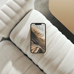Phone mockup on sofa, flatlay, mockups, aesthetic, minimalist style