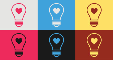 light bulb and heart icon set, color line Light bulb and heart icon isolated on color background, vector illustration