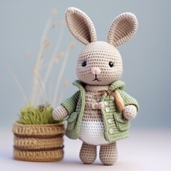Handmade knitted toy bunny with a basket of grass on a gray background. AI.