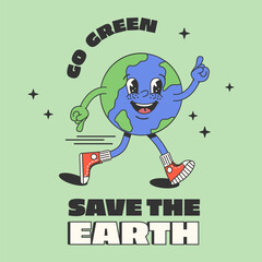Retro Poster with groovy character of earth. World Earth day. Vintage motivation poster template with cute Earth planet character mascot.vector illustration