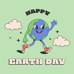 Retro Poster with groovy character of earth. World Earth day. Vintage motivation poster template with cute Earth planet character mascot.vector illustration