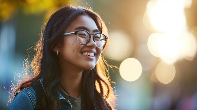 Female Asian student smiling with happiness. Created with Generative Ai technology.