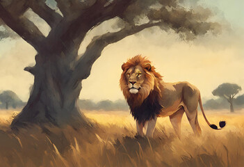 lion in the wild, lion in the savannah, illustrative painting, digital art style - obrazy, fototapety, plakaty