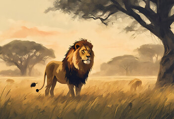 lion in the sunset, lion in the savannah, illustrative painting, digital art style - obrazy, fototapety, plakaty