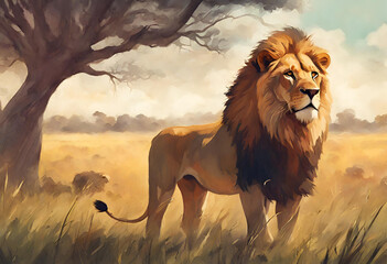 lion in the savannah, illustrative painting, digital art style - obrazy, fototapety, plakaty