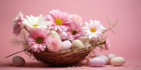 Obraz na płótnie Canvas A delicate spring basket with spring pink and white flowers and with Easter eggs in delicate pink and white colors on a pink background in soft light