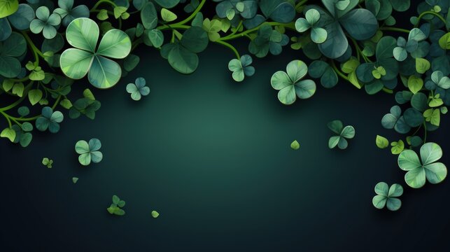 Happy Saint Patrick's Day green background with leaf shamrocks clovers. AI generated image
