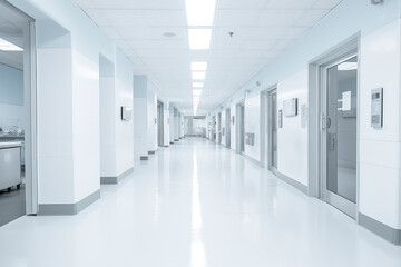 Long hospital bright corridor with rooms 