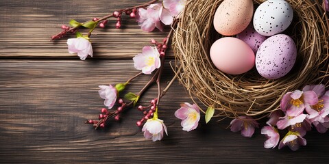 Fototapeta na wymiar Several Easter eggs in a small nest surrounded by pink and blue spring flowers on a light blue or light brown wooden background in gentle sunlight 
