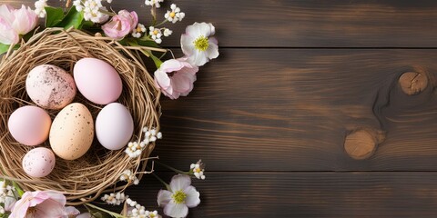 Several Easter eggs in a small nest surrounded by pink and blue spring flowers on a light blue or light brown wooden background in gentle sunlight 