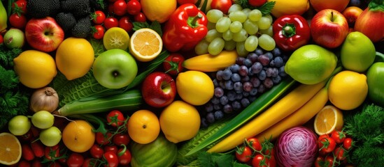 Colorful fruits and vegetables. top view - obrazy, fototapety, plakaty