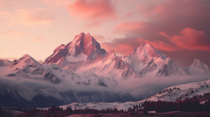 Snowy mountain peaks under a pink sunset sky