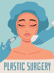 Poster with smiling woman face with closed eyes about plastic surgery flat style