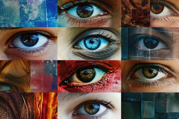 A mesmerizing collage of vividly colored eyes, each adorned with fluttering lashes and accented with stunning eye shadow, creating a captivating display of the intricate and unique organ that is the 