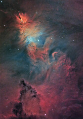 Fototapeta na wymiar The Christmas Tree Cluster (NGC 2264), The Cone Nebula, Snowflake Cluster nd The Fox Fur Nebula. They’re located in the constellation of Monoceros, approx. 2300 light years away from us