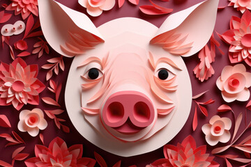 Cheerful pink paper pig with a floral background crafted from paper.Greeting card or invitations for National pig day, website scontent for paper arts with children,crafts workshops. National Pet Day.