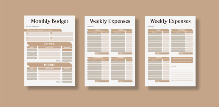 Monthly and Weekly Budget and Expenses Tracker Template. Editable Finance Planner for Income, Savings, and Goals. Ideal for monthly finance planning, income and expense management.Vector illustration