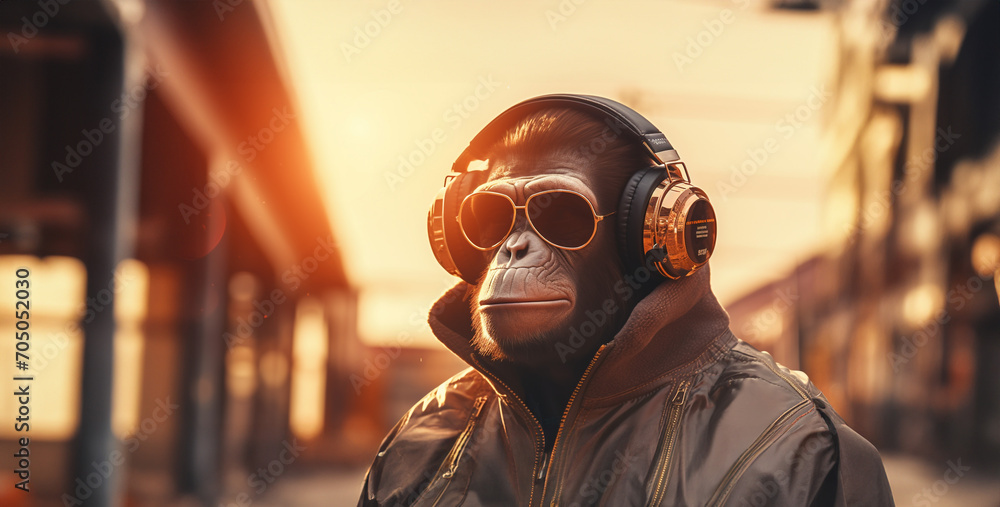 Wall mural fallout style of a chimpanzee looking wearing a headphone - Wall murals