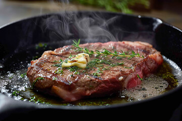Sizzling Ribeye Steak with Herbs in a Cast Iron Skillet