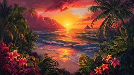 An ethereal painting captures the serene beauty of a sunset over a beach, as wispy clouds float above palm trees and the afterglow of the sky reflects in the tranquil waters below