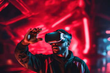 Black man in VR headset exploring metaverse world, touching virtual reality subjects on neon red background