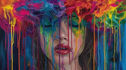 A mesmerizing portrait of a woman, her face adorned with vibrant acrylic paint, capturing the essence of modern art and the colorful depths of human emotion