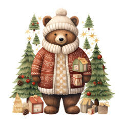 vintage christmas bear illustration on transparent background