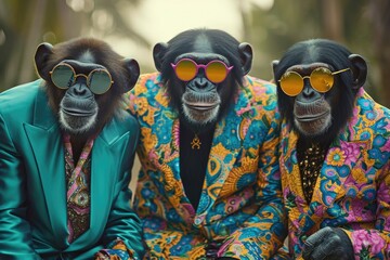 A playful gang of primates sporting vibrant attire and trendy shades enjoy the sunny outdoors with a human companion