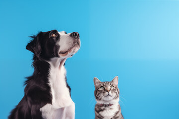 Cachorro e gato juntos em um fundo azul 