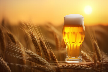 Copo de cerveja em um campo com trigo ao por do sol - obrazy, fototapety, plakaty