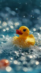 Rubber Duck Floating in Pool of Water, Playful and Relaxing Bath Toy