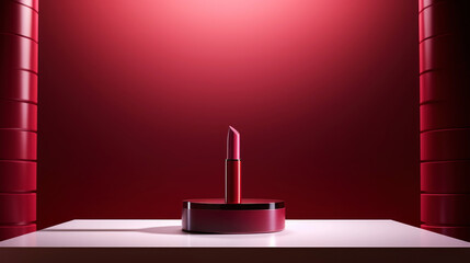A photorealistic minimalist image of a lipstick in the center of the catwalk. Luxurious studio lighting. Generative AI