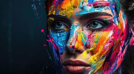 A hauntingly beautiful portrait, where the vivid colors of art merge with the horrors lurking beneath the woman's painted face
