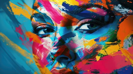 Vibrant hues adorn a woman's face in this dynamic modern art painting, showcasing the expressive power of color and the beauty of the human form