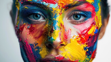 An expressive woman's face, adorned with vibrant strokes of paint, captivates with its striking portrait of emotion and artistry