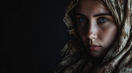 A woman with a fierce gaze peeks out from under her camouflage hoodie, her eyebrows furrowed and skin glowing, capturing the essence of strength and determination in this captivating portrait photogr - obrazy, fototapety, plakaty