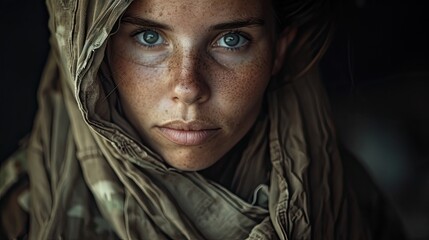 A whimsical girl gazes out from under her scarf, her freckled face and piercing eyes captured in a stunning portrait