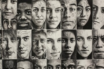 A diverse group of individuals, each with their own unique story etched on their human faces, come together in a stunning collage of humanity
