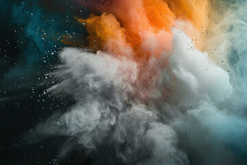 Dynamic clash of elements with vibrant orange and cool gray smoke, speckled with particles against a dark backdrop, embodying chaos and harmony