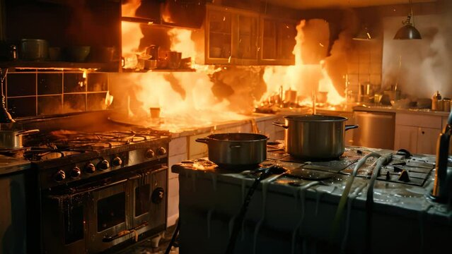 A burning kitchen on fire after cooking - kitchen safety, fire hazard concept