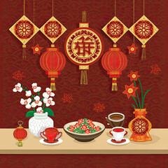 Chinese New Year's Decoration Adorning the Table, Embracing Lunar New Year Celebrations and Joyous Festivities