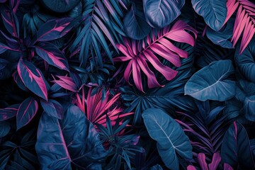 Lush tropical foliage with vibrant pink and blue leaves, perfect for botanical designs or nature themes. - obrazy, fototapety, plakaty