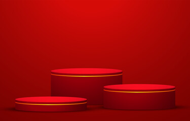 Red realistic 3D cylinder pedestal podium with glowing light semi circle backdrop. Red minimal wall scene for products showcase, Promotion display. Vector abstract studio room with geometric platform.