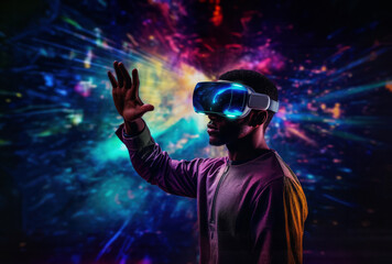 black man in vr headset exploring metaverse world, touching virtual reality subjects on space background.