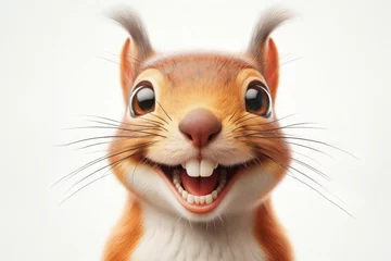 Fotobehang photorealistic mid portrait of a squirrel with a big teeth smile and huge eyes on a white background. ai generative © Igor